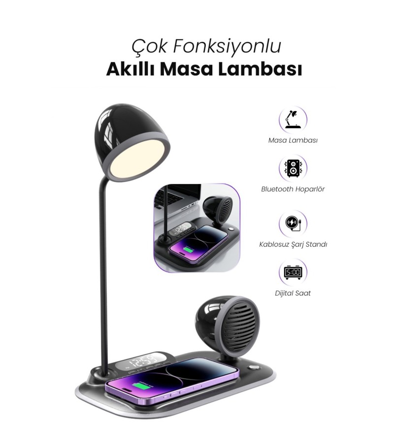 4-in-1 Kablosuz Şarj Standı – iPhone & Android Uyumlu, Siyah Masa Lambası ve Bluetooth Hoparlörlü 4-in-1 Kablosuz Şarj Standı – iPhone & Android Uyumlu, Siyah Masa Lambası ve Bluetooth Hoparlörlü