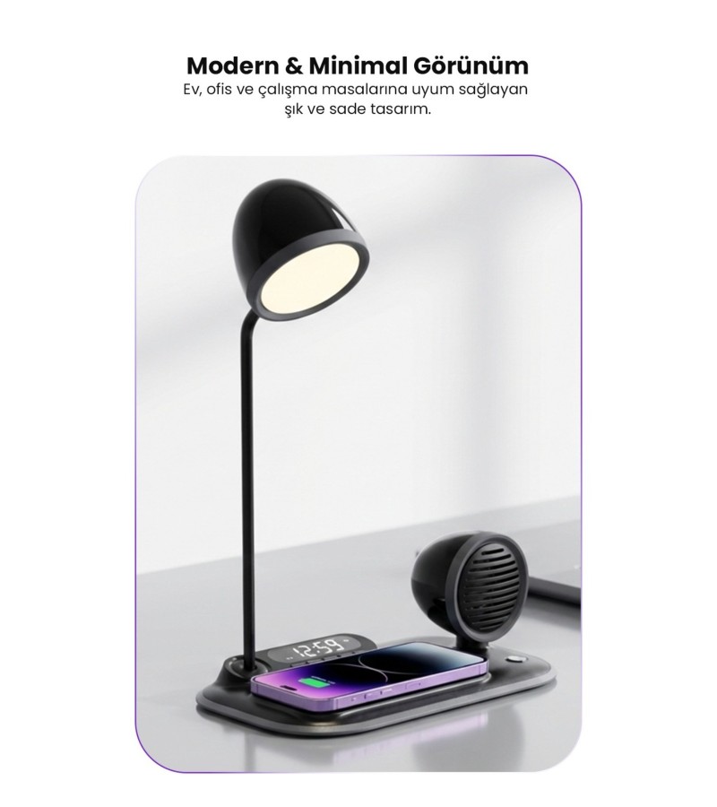 4-in-1 Kablosuz Şarj Standı – iPhone & Android Uyumlu, Siyah Masa Lambası ve Bluetooth Hoparlörlü 4-in-1 Kablosuz Şarj Standı – iPhone & Android Uyumlu, Siyah Masa Lambası ve Bluetooth Hoparlörlü