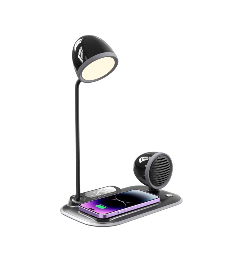 4-in-1 Kablosuz Şarj Standı – iPhone & Android Uyumlu, Siyah Masa Lambası ve Bluetooth Hoparlörlü 4-in-1 Kablosuz Şarj Standı – iPhone & Android Uyumlu, Siyah Masa Lambası ve Bluetooth Hoparlörlü