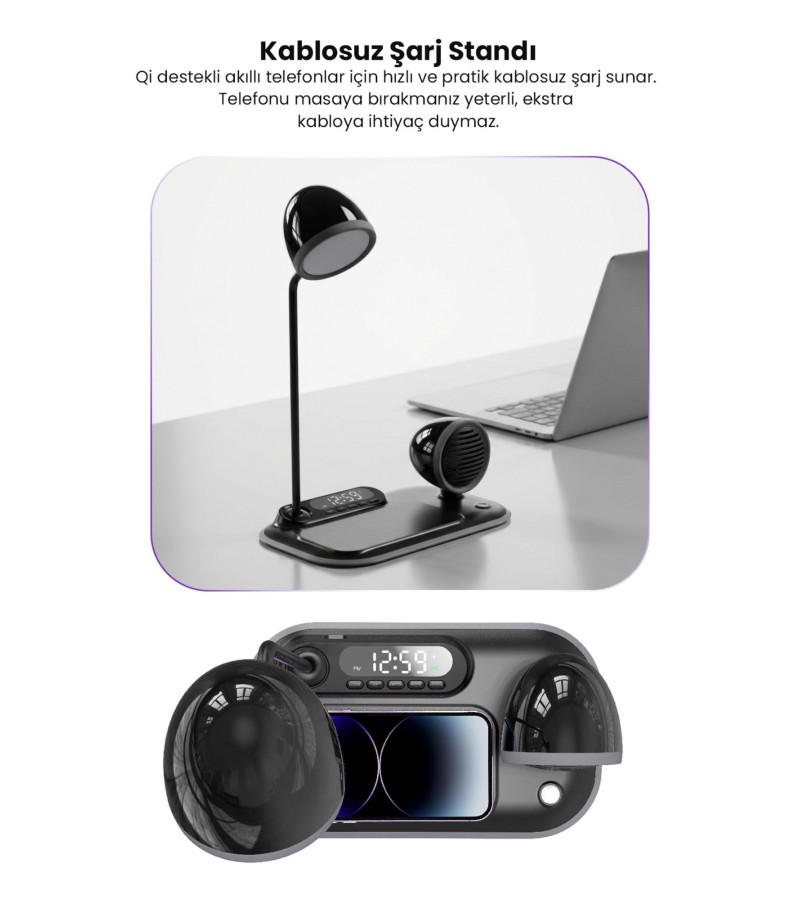 4-in-1 Kablosuz Şarj Standı – iPhone & Android Uyumlu, Siyah Masa Lambası ve Bluetooth Hoparlörlü 4-in-1 Kablosuz Şarj Standı – iPhone & Android Uyumlu, Siyah Masa Lambası ve Bluetooth Hoparlörlü