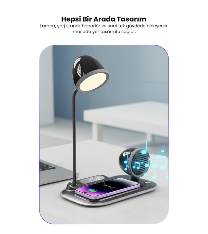 4-in-1 Kablosuz Şarj Standı – iPhone & Android Uyumlu, Siyah Masa Lambası ve Bluetooth Hoparlörlü 4-in-1 Kablosuz Şarj Standı – iPhone & Android Uyumlu, Siyah Masa Lambası ve Bluetooth Hoparlörlü