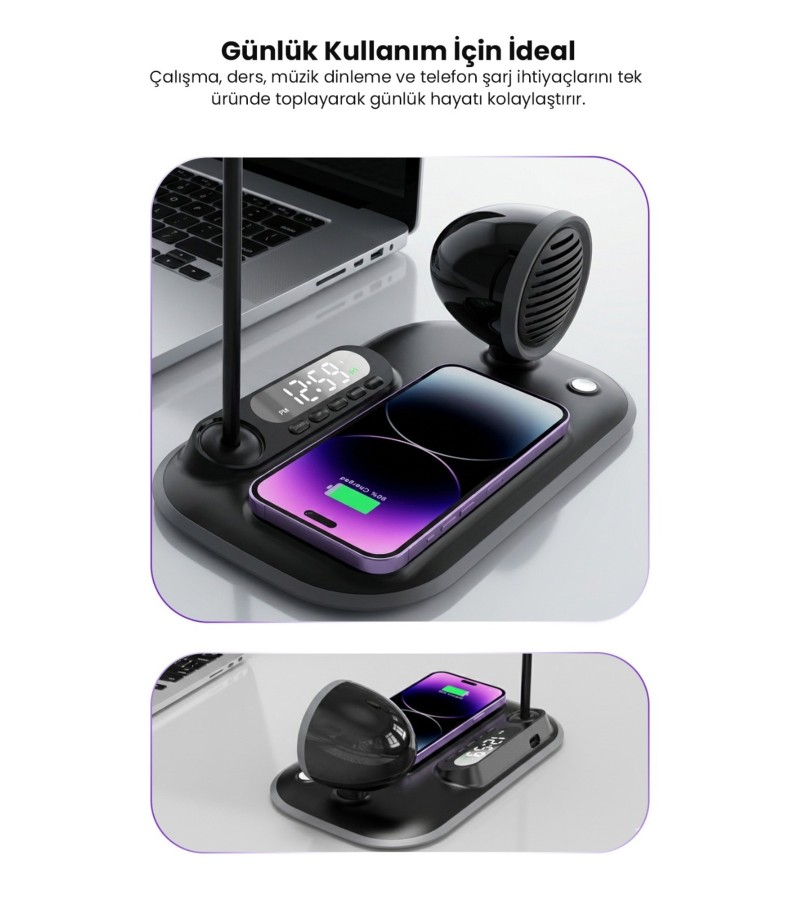 4-in-1 Kablosuz Şarj Standı – iPhone & Android Uyumlu, Siyah Masa Lambası ve Bluetooth Hoparlörlü 4-in-1 Kablosuz Şarj Standı – iPhone & Android Uyumlu, Siyah Masa Lambası ve Bluetooth Hoparlörlü