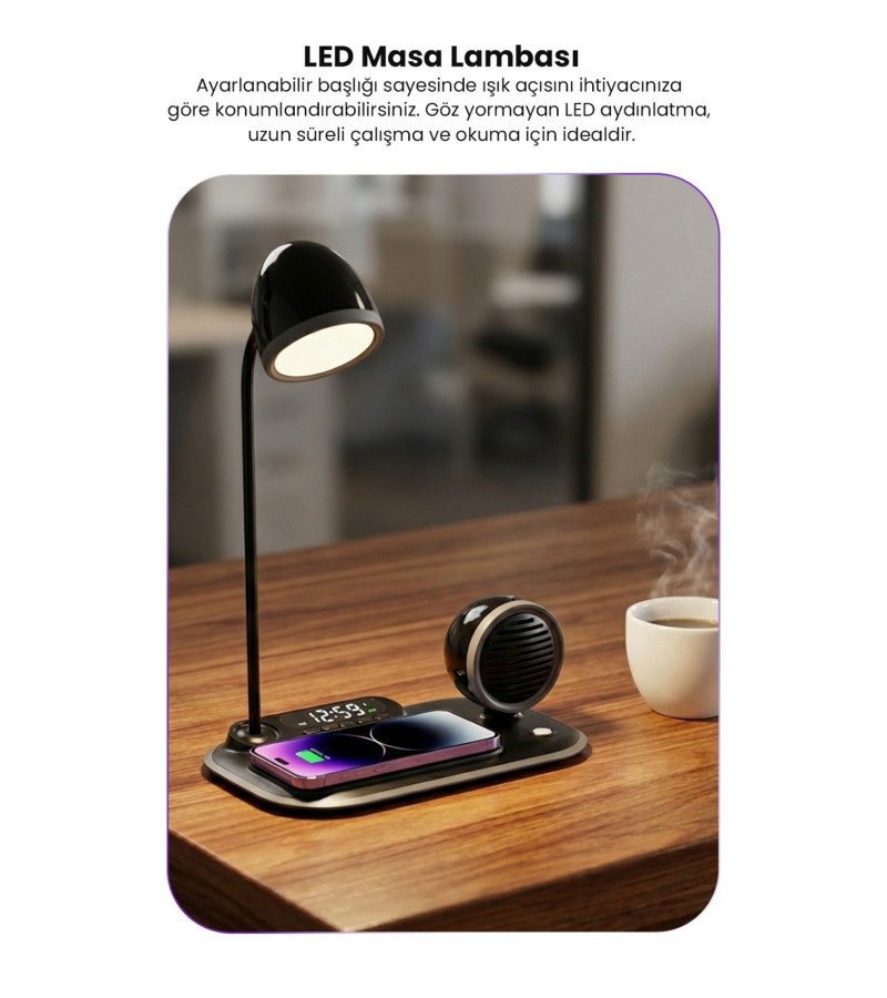 4-in-1 Kablosuz Şarj Standı – iPhone & Android Uyumlu, Siyah Masa Lambası ve Bluetooth Hoparlörlü 4-in-1 Kablosuz Şarj Standı – iPhone & Android Uyumlu, Siyah Masa Lambası ve Bluetooth Hoparlörlü