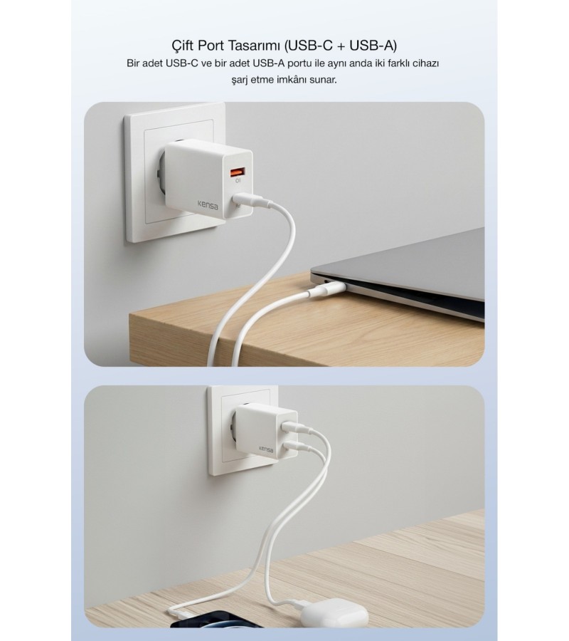 50W PD Çift Çıkışlı Hızlı Şarj Başlığı – USB-C + USB-A, Akıllı Güvenlik Çipli