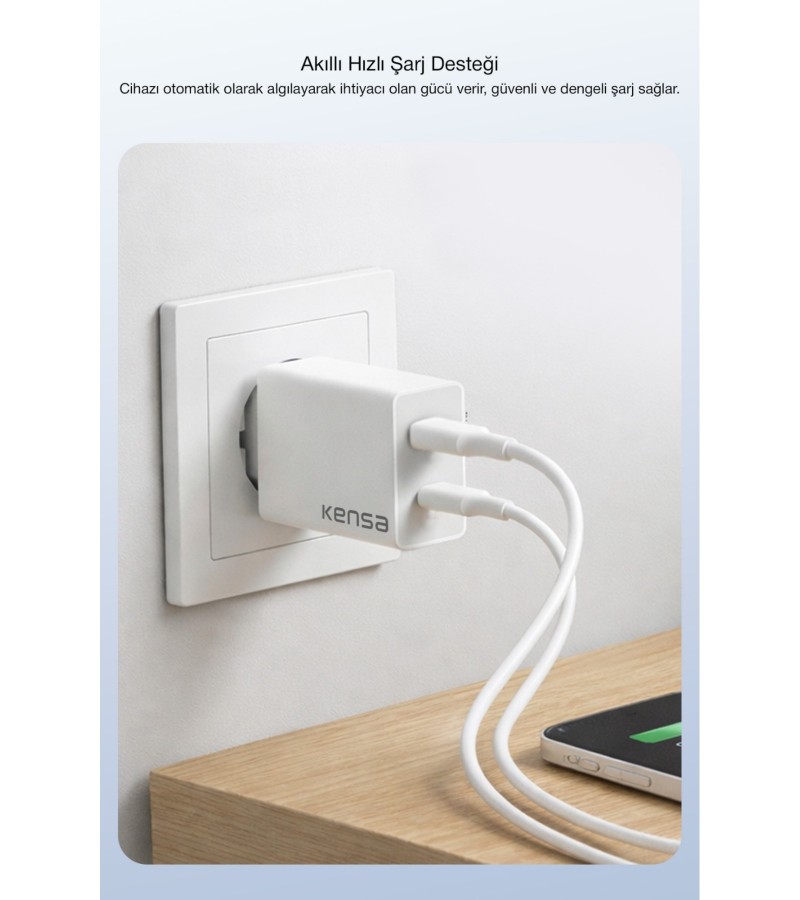 50W PD Çift Çıkışlı Hızlı Şarj Başlığı – USB-C + USB-A, Akıllı Güvenlik Çipli