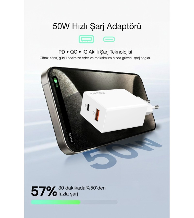 50W PD Çift Çıkışlı Hızlı Şarj Başlığı – USB-C + USB-A, Akıllı Güvenlik Çipli