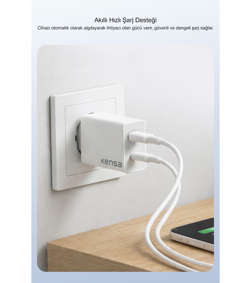 50W PD Hızlı Şarj Başlığı + USB-C to Lightning Kablo – iPhone Uyumlu, Akıllı Güvenlik Çipli,
