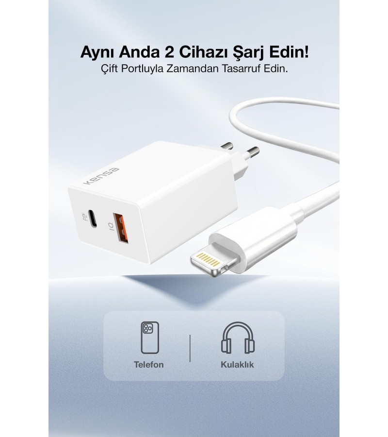 50W PD Hızlı Şarj Başlığı + USB-C to Lightning Kablo – iPhone Uyumlu, Akıllı Güvenlik Çipli,