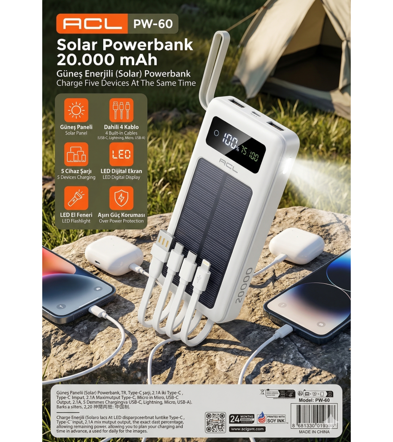ACL PW-60 20.000 mAh Güneş Enerjili (Solar) Powerbank | Dahili 4 Kablolu, El Fenerli ve LED Göstergeli