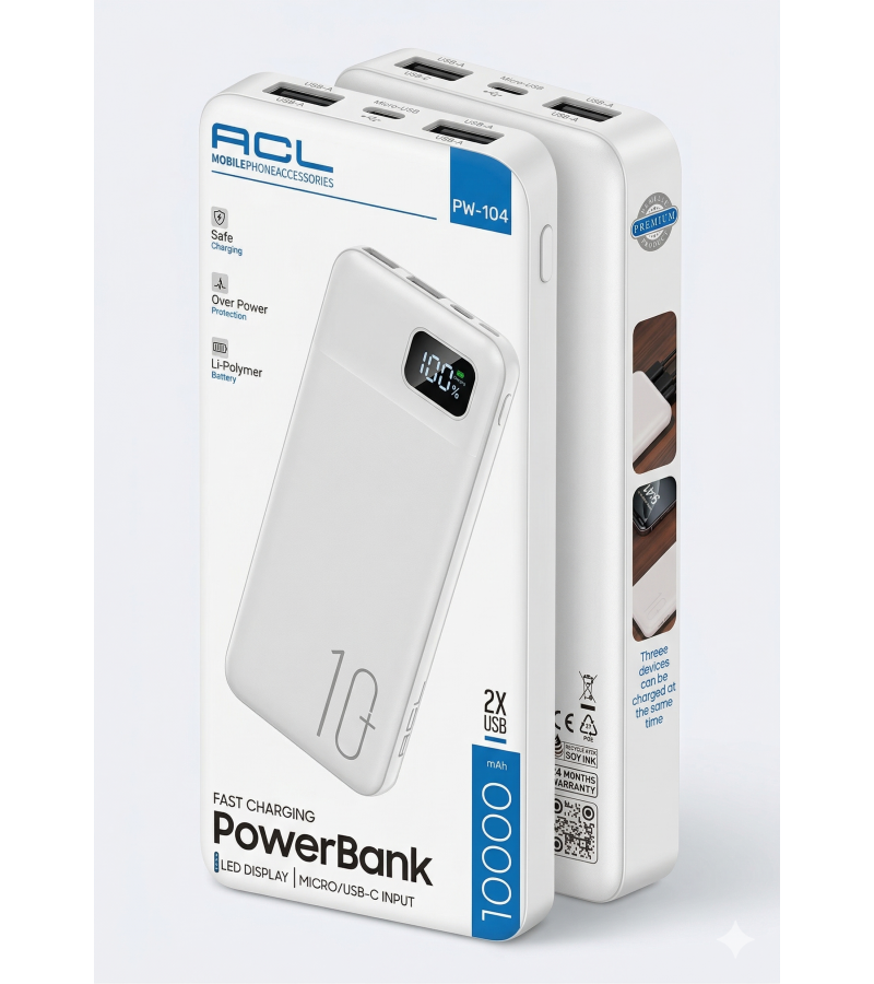 ACL PW-104 10000 mAh LED Göstergeli Çift USB Çıkışlı Taşınabilir Şarj Cihazı (Powerbank) - Beyaz
