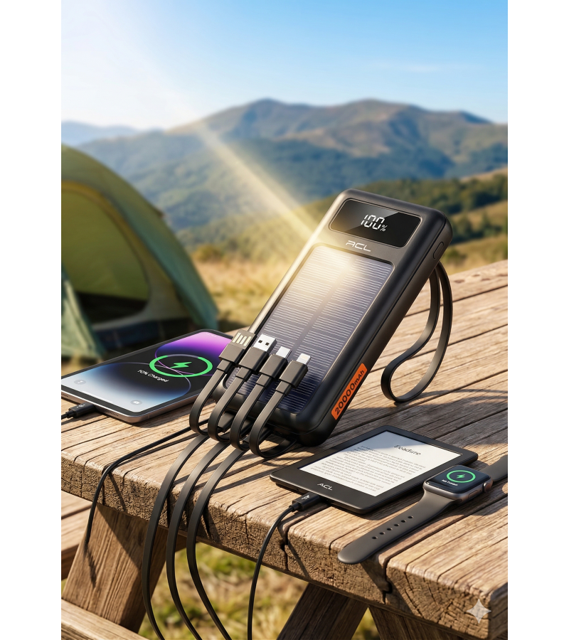 ACL 20.000 mAh Solar Şarj Cihazı - 5 Cihaz Aynı Anda Şarj - Dahili Kablolu