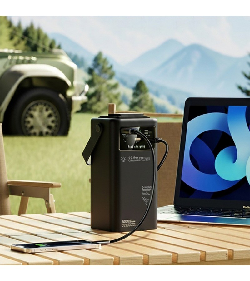 50.000 mAh Çok Fonksiyonlu Powerbank – 22.5W Hızlı Şarj, LCD Ekran, Dahili Kablolar, Güçlü LED Fener, Taşıma Kolu, Outdoor Kullanıma Uygun