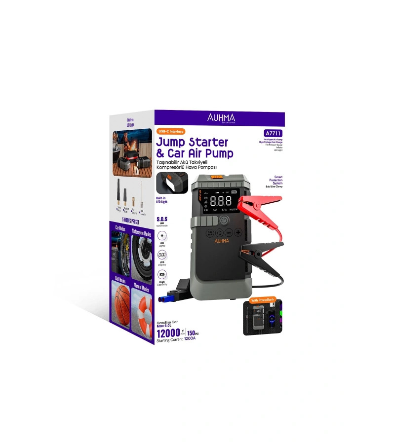 A7711 Jump Starter / Akü Takviye Cihazı | 12.000 mah 4'ü 1 Arada Powerbank, Hava Kompresörü, LCD Ekran, 1