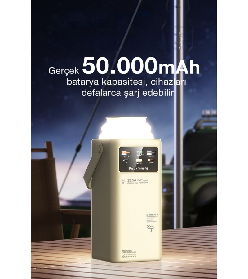 50.000 mAh Çok Fonksiyonlu Powerbank – 22.5W Hızlı Şarj, LCD Ekran, Dahili Kablolar, Güçlü LED Fener, Taşıma Kolu, Outdoor Kullanıma Uygun