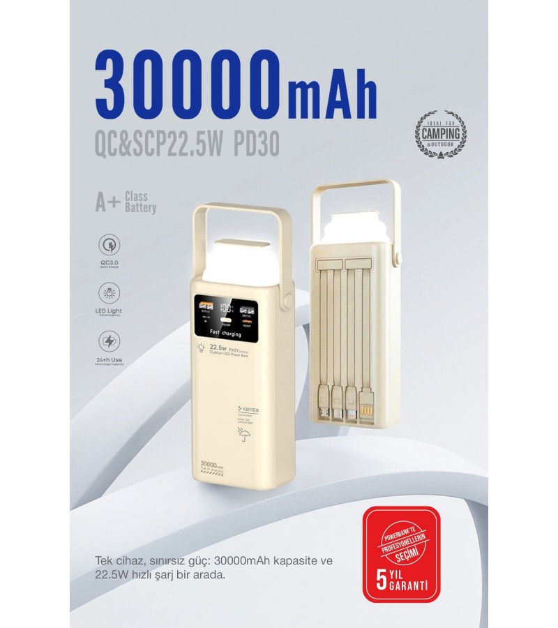 30.000 mAh Çok Fonksiyonlu Powerbank – 22.5W Hızlı Şarj, LCD Ekran, Dahili Kablolar, Güçlü LED Fener, Taşıma Kolu, Outdoor Kullanıma Uygun