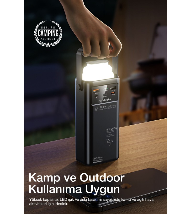 30.000 mAh Çok Fonksiyonlu Powerbank – 22.5W Hızlı Şarj, LCD Ekran, Dahili Kablolar, Güçlü LED Fener, Taşıma Kolu, Outdoor Kullanıma Uygun