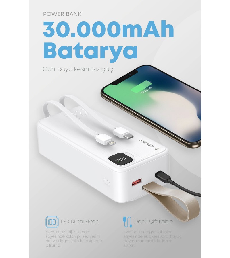 30.000 mAh Hızlı Şarj Powerbank - 22.5W SCP, 20W PD + QC, Dahili USB-C & Lightning Kablolar, USB-C & USB-A Portlu Hızlı Şarj