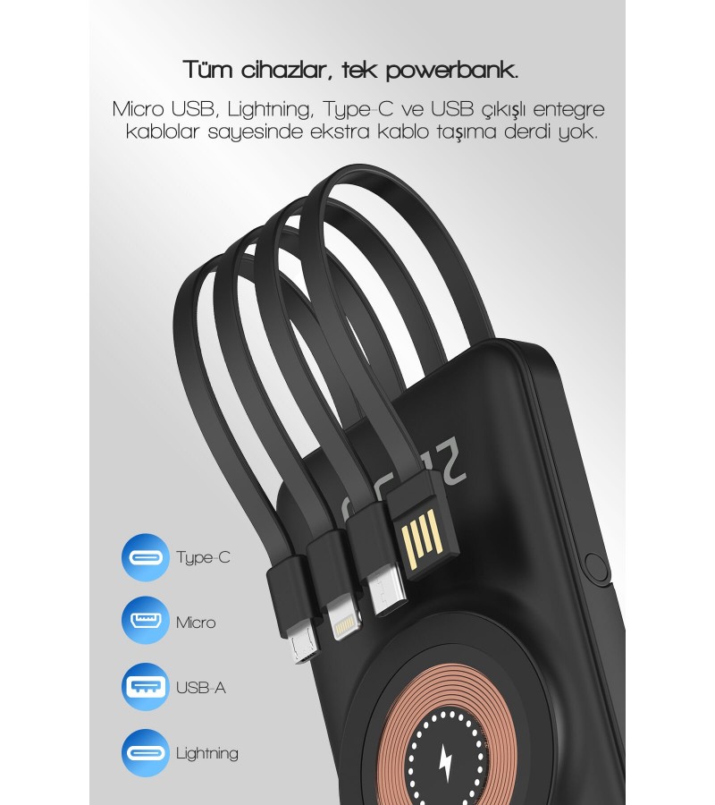 10.000 mAh Powerbank – Kablosuz Şarjlı, Dahili Kablolu, 22.5W SCP + 20W PD Hızlı Şarj, USB-A/Lightning/Type-C Portlu, Stand Özellikli