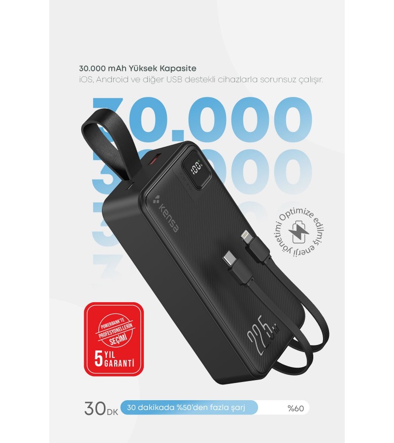 30.000 mAh Hızlı Şarj Powerbank - 22.5W SCP, 20W PD + QC, Dahili USB-C & Lightning Kablolar, USB-C & USB-A Portlu Hızlı Şarj