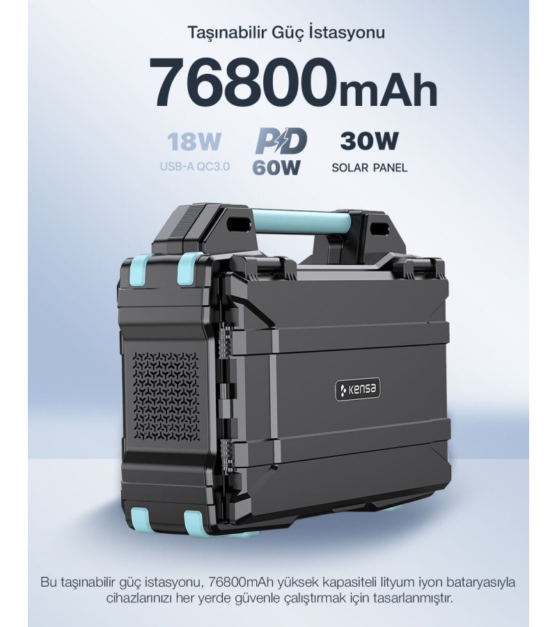 76800mAh 300W Taşınabilir Güç İstasyonu | Entegre 30W Güneş Paneli, PD 60W, QC 3.0, 12V Araç Çıkışı