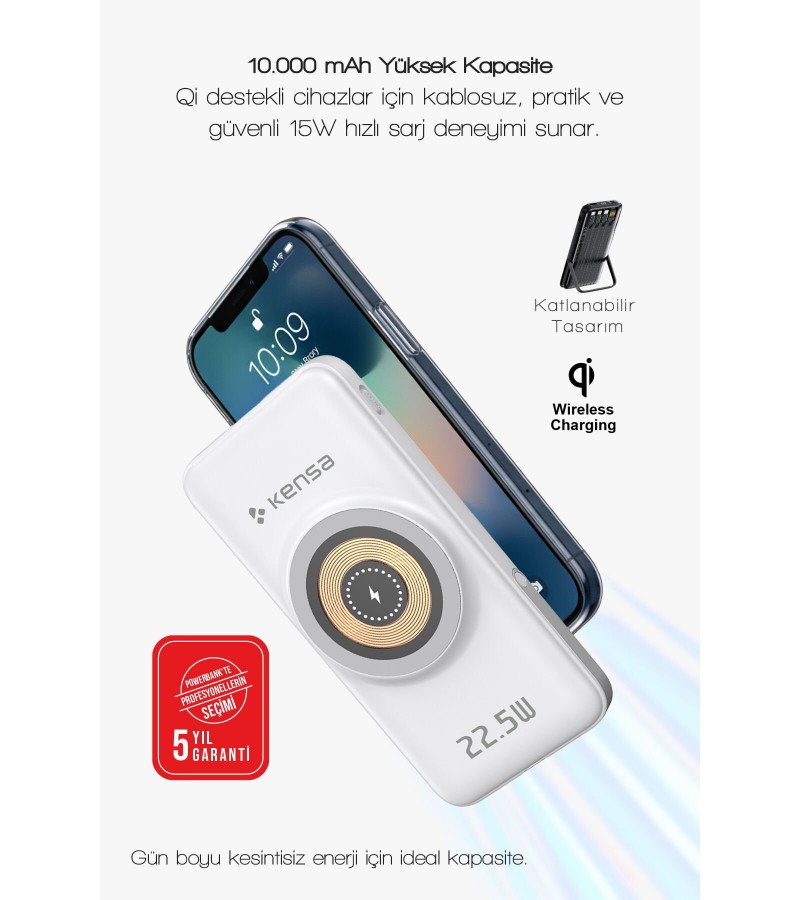 10.000 mAh Powerbank – Kablosuz Şarjlı, Dahili Kablolu, 22.5W SCP + 20W PD Hızlı Şarj, USB-A/Lightning/Type-C Portlu, Stand Özellikli