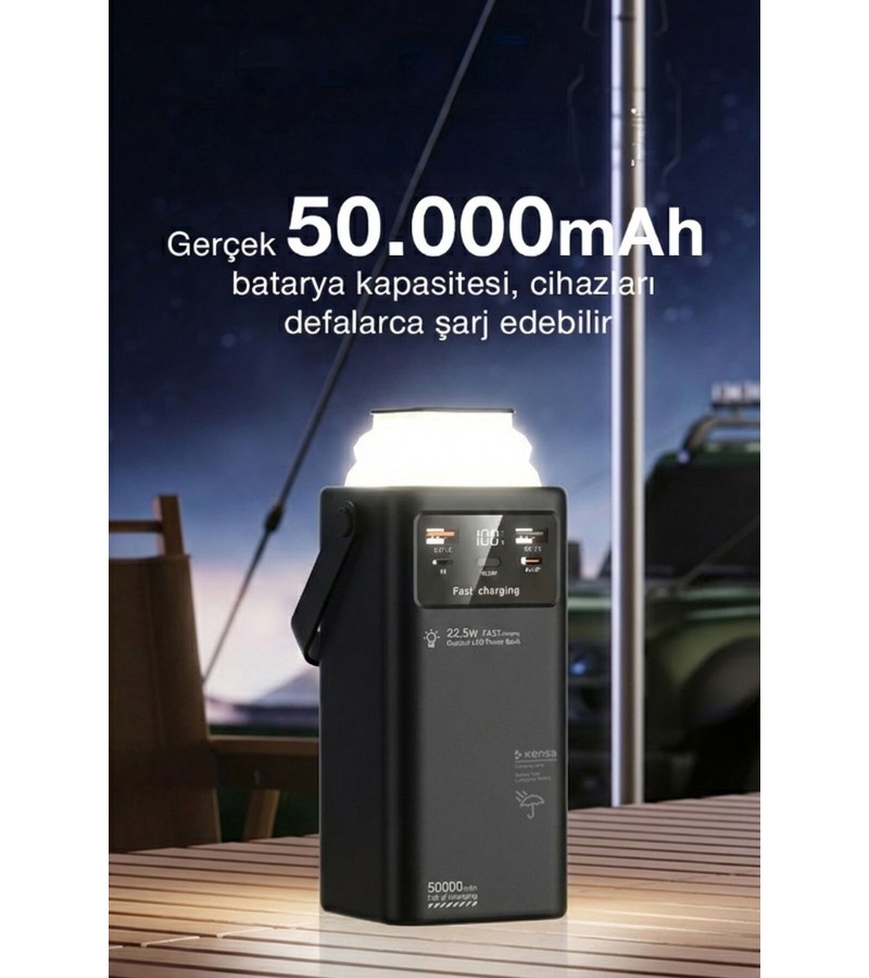 50.000 mAh Çok Fonksiyonlu Powerbank – 22.5W Hızlı Şarj, LCD Ekran, Dahili Kablolar, Güçlü LED Fener, Taşıma Kolu, Outdoor Kullanıma Uygun