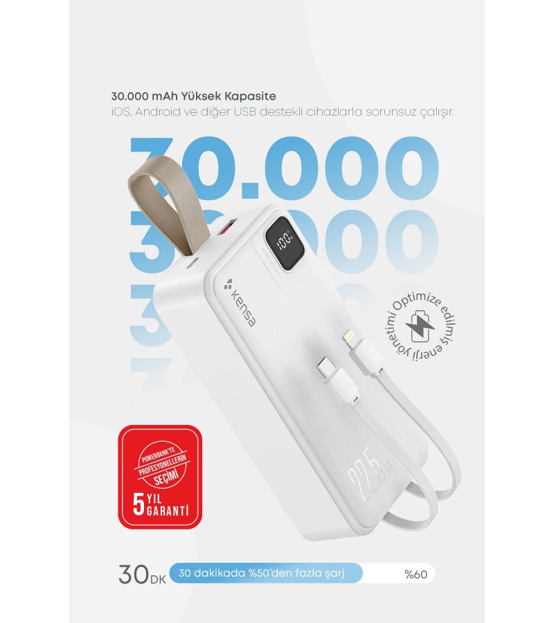 30.000 mAh Hızlı Şarj Powerbank - 22.5W SCP, 20W PD + QC, Dahili USB-C & Lightning Kablolar, USB-C & USB-A Portlu Hızlı Şarj