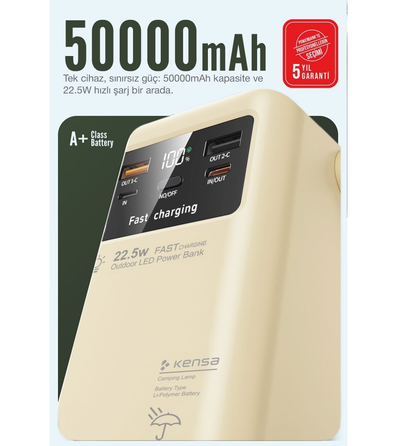 50.000 mAh Çok Fonksiyonlu Powerbank – 22.5W Hızlı Şarj, LCD Ekran, Dahili Kablolar, Güçlü LED Fener, Taşıma Kolu, Outdoor Kullanıma Uygun
