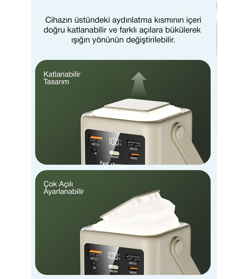 50.000 mAh Çok Fonksiyonlu Powerbank – 22.5W Hızlı Şarj, LCD Ekran, Dahili Kablolar, Güçlü LED Fener, Taşıma Kolu, Outdoor Kullanıma Uygun