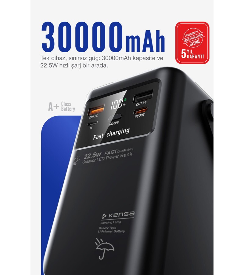 30.000 mAh Çok Fonksiyonlu Powerbank – 22.5W Hızlı Şarj, LCD Ekran, Dahili Kablolar, Güçlü LED Fener, Taşıma Kolu, Outdoor Kullanıma Uygun