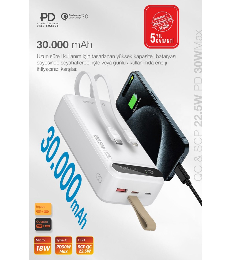 30.000 mAh Hızlı Şarj Powerbank - 22.5W SCP, 20W PD + QC, Dahili USB-C & Lightning Kablolar, USB-C & USB-A Portlu Hızlı Şarj