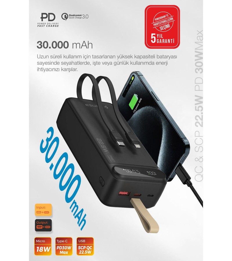 30.000 mAh Hızlı Şarj Powerbank - 22.5W SCP, 20W PD + QC, Dahili USB-C & Lightning Kablolar, USB-C & USB-A Portlu Hızlı Şarj