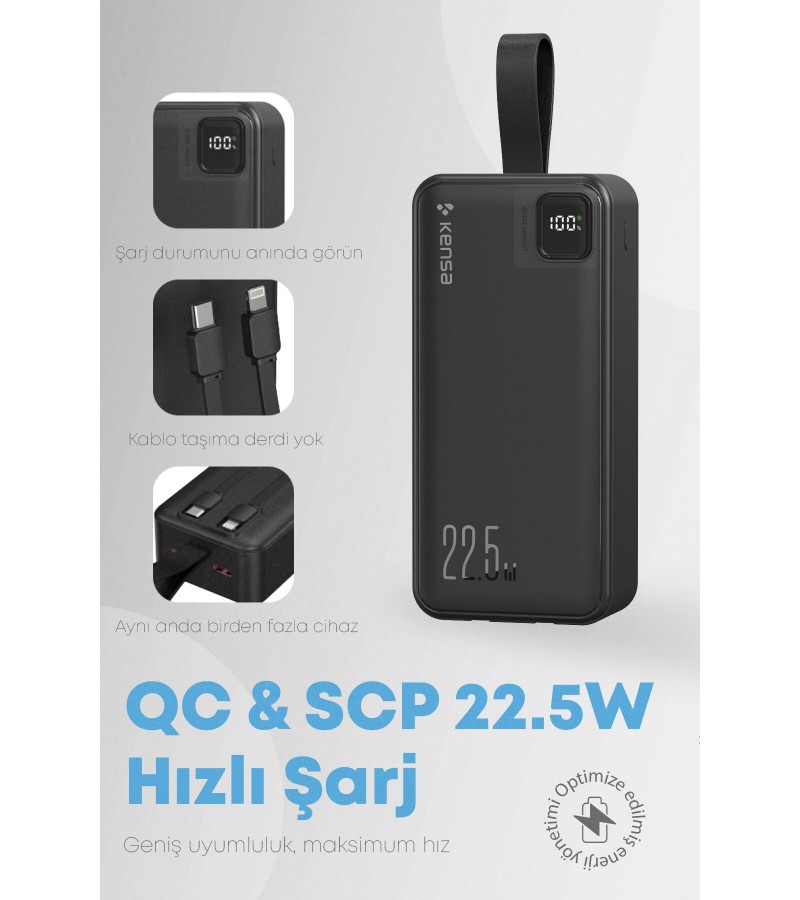 30.000 mAh Hızlı Şarj Powerbank - 22.5W SCP, 20W PD + QC, Dahili USB-C & Lightning Kablolar, USB-C & USB-A Portlu Hızlı Şarj