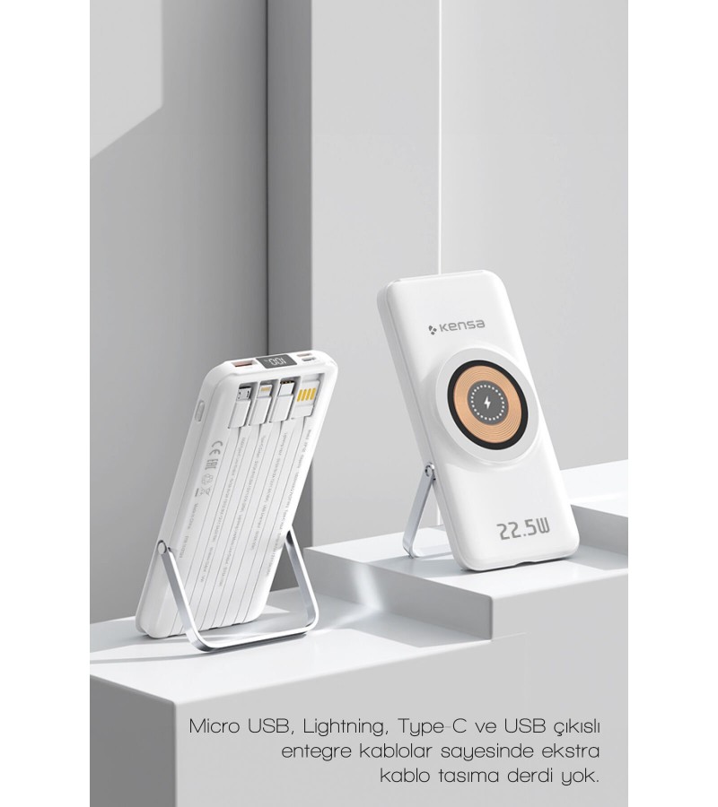 10.000 mAh Powerbank – Kablosuz Şarjlı, Dahili Kablolu, 22.5W SCP + 20W PD Hızlı Şarj, USB-A/Lightning/Type-C Portlu, Stand Özellikli