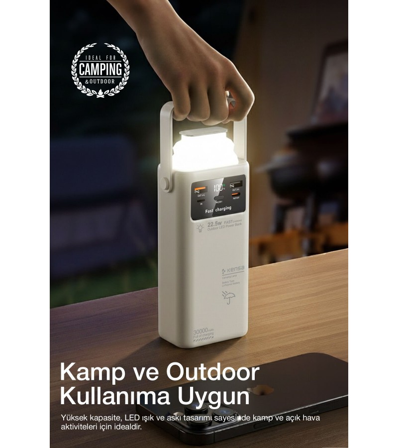 30.000 mAh Çok Fonksiyonlu Powerbank – 22.5W Hızlı Şarj, LCD Ekran, Dahili Kablolar, Güçlü LED Fener, Taşıma Kolu, Outdoor Kullanıma Uygun