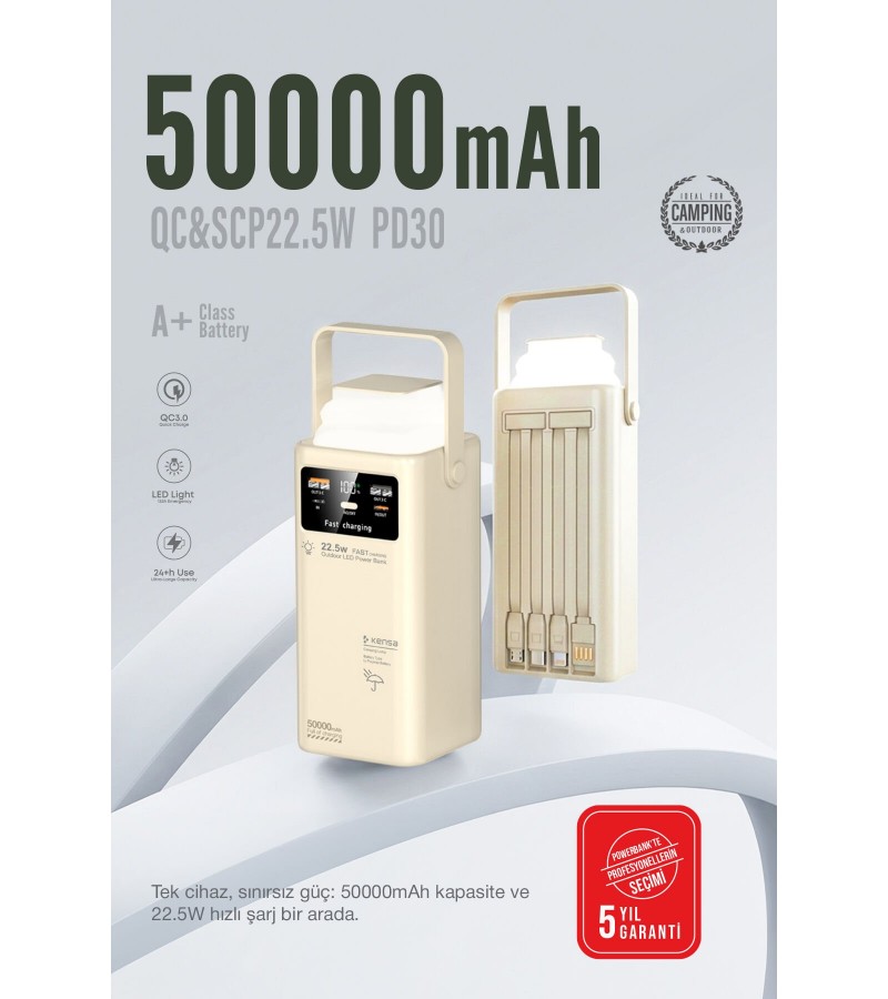 50.000 mAh Çok Fonksiyonlu Powerbank – 22.5W Hızlı Şarj, LCD Ekran, Dahili Kablolar, Güçlü LED Fener, Taşıma Kolu, Outdoor Kullanıma Uygun