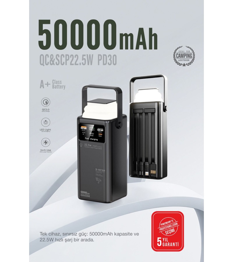 50.000 mAh Çok Fonksiyonlu Powerbank – 22.5W Hızlı Şarj, LCD Ekran, Dahili Kablolar, Güçlü LED Fener, Taşıma Kolu, Outdoor Kullanıma Uygun