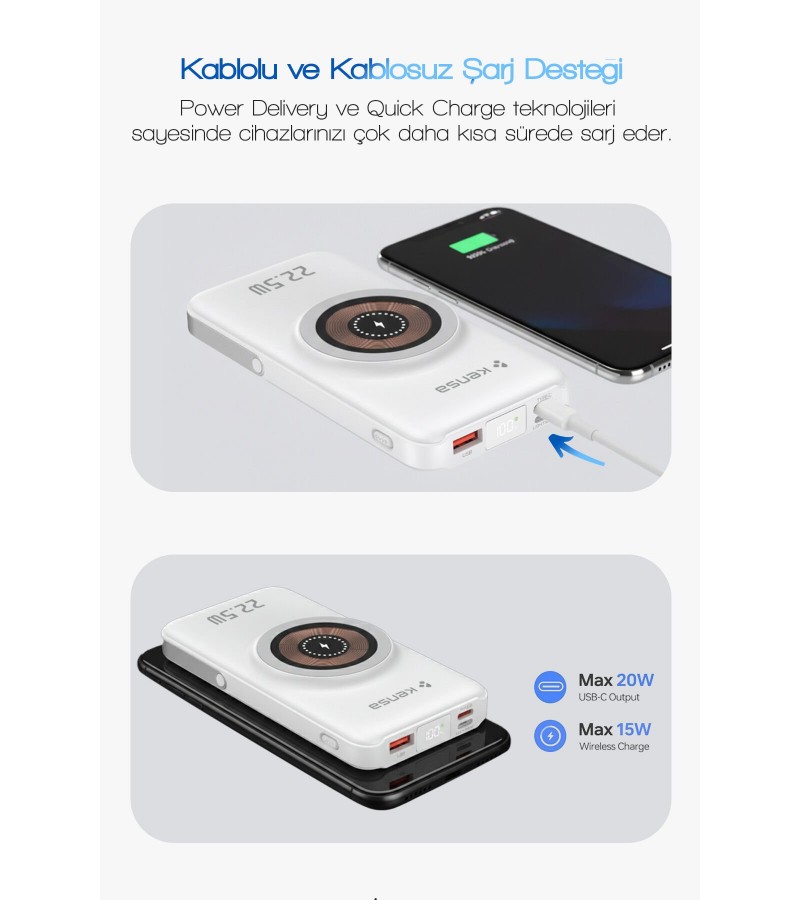 10.000 mAh Powerbank – Kablosuz Şarjlı, Dahili Kablolu, 22.5W SCP + 20W PD Hızlı Şarj, USB-A/Lightning/Type-C Portlu, Stand Özellikli