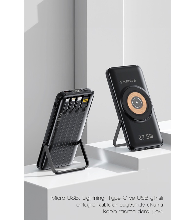 10.000 mAh Powerbank – Kablosuz Şarjlı, Dahili Kablolu, 22.5W SCP + 20W PD Hızlı Şarj, USB-A/Lightning/Type-C Portlu, Stand Özellikli