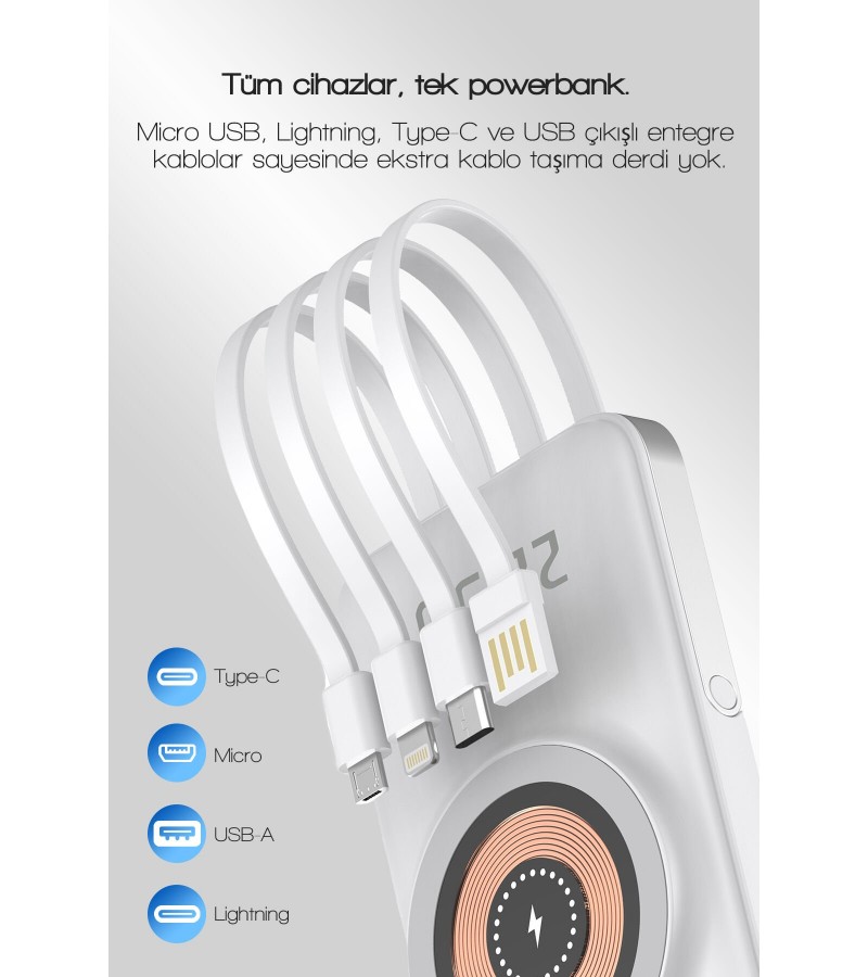 10.000 mAh Powerbank – Kablosuz Şarjlı, Dahili Kablolu, 22.5W SCP + 20W PD Hızlı Şarj, USB-A/Lightning/Type-C Portlu, Stand Özellikli