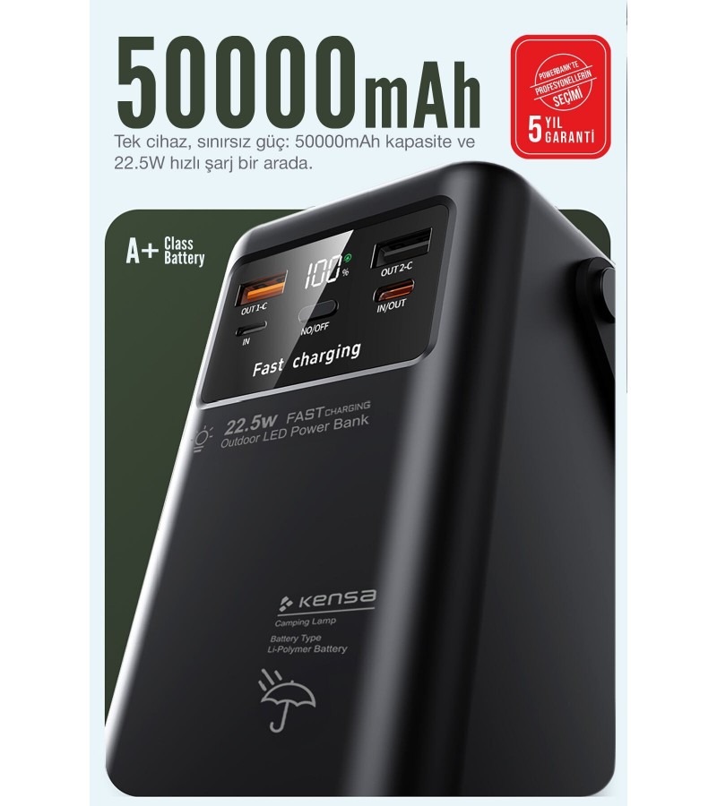50.000 mAh Çok Fonksiyonlu Powerbank – 22.5W Hızlı Şarj, LCD Ekran, Dahili Kablolar, Güçlü LED Fener, Taşıma Kolu, Outdoor Kullanıma Uygun