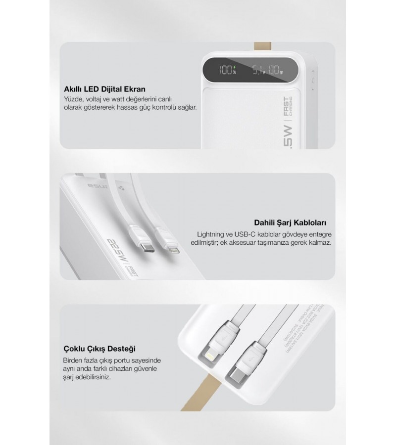 30.000 mAh Hızlı Şarj Powerbank - 22.5W SCP, 20W PD + QC, Dahili USB-C & Lightning Kablolar, USB-C & USB-A Portlu Hızlı Şarj
