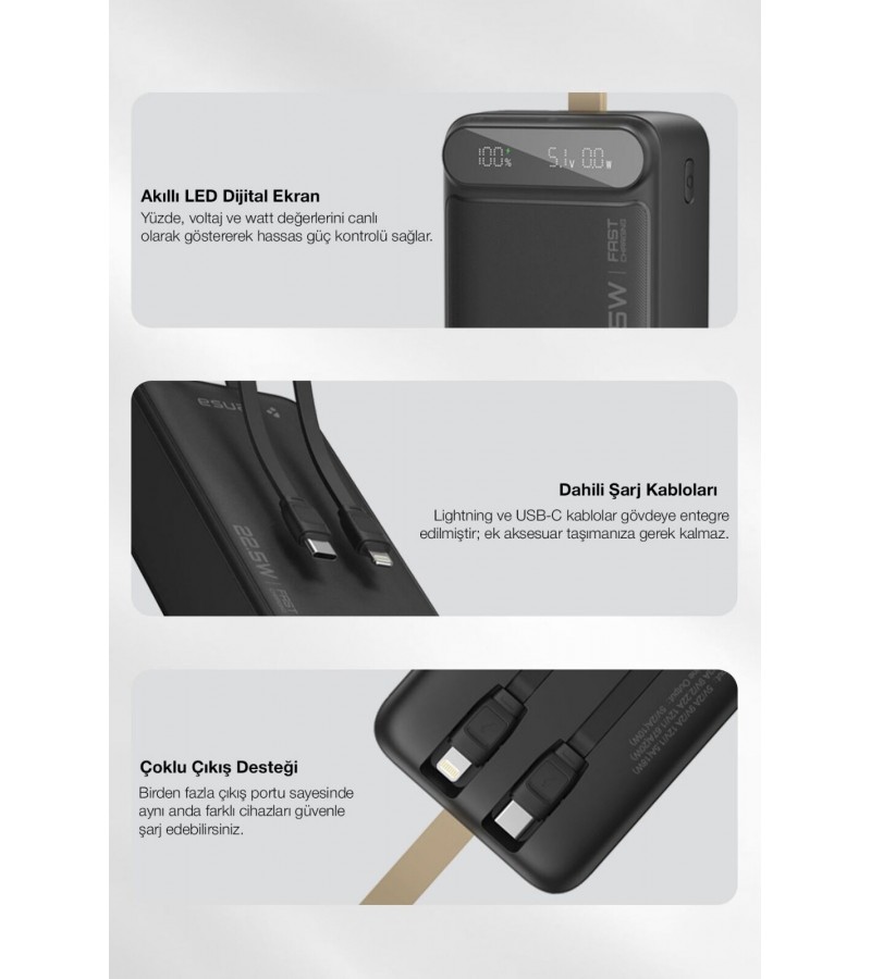 30.000 mAh Hızlı Şarj Powerbank - 22.5W SCP, 20W PD + QC, Dahili USB-C & Lightning Kablolar, USB-C & USB-A Portlu Hızlı Şarj