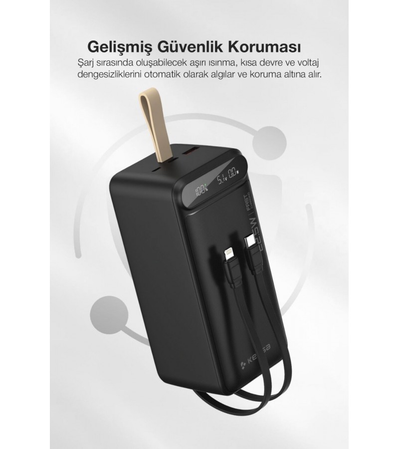 50.000 mAh Hızlı Şarj Powerbank - 22.5W SCP, 20W PD + QC, Dahili USB-C & Lightning Kablolar, USB-C & USB-A Portlu Hızlı Şarj