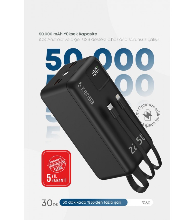 50.000 mAh Hızlı Şarj Powerbank - 22.5W SCP, 20W PD + QC, Dahili USB-C & Lightning Kablolar, USB-C & USB-A Portlu Hızlı Şarj