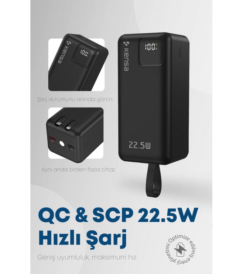 50.000 mAh Hızlı Şarj Powerbank - 22.5W SCP, 20W PD + QC, Dahili USB-C & Lightning Kablolar, USB-C & USB-A Portlu Hızlı Şarj