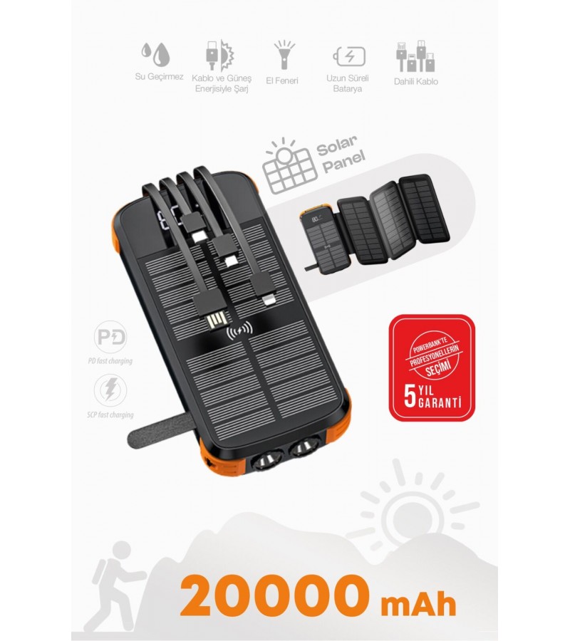 4 Panelli Güneş Enerjili 20000mAh Powerbank – Dahili 4 Kablo, LED El Feneri ve SOS Işığı, 20W Hızlı Şarj Destekli, Suya ve Darbelere Dayanıklı