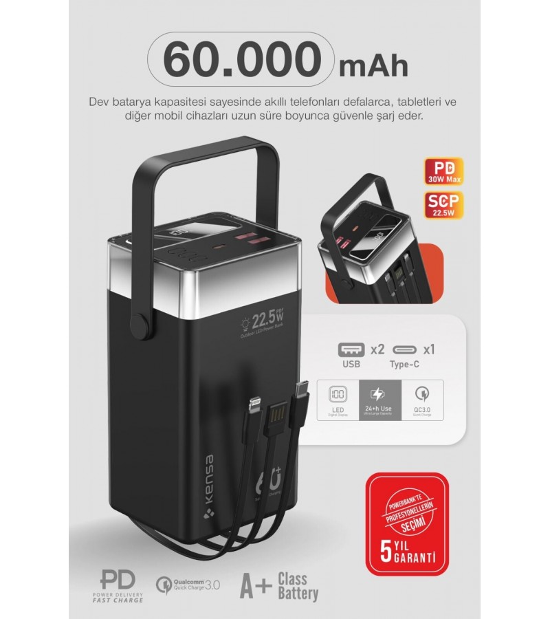 60.000 mAh Süper Kapasiteli LED Işıklı Powerbank – PD 30W / SCP 22.5W Hızlı Şarj, 3 Dahili Kablo, Dijital Ekran