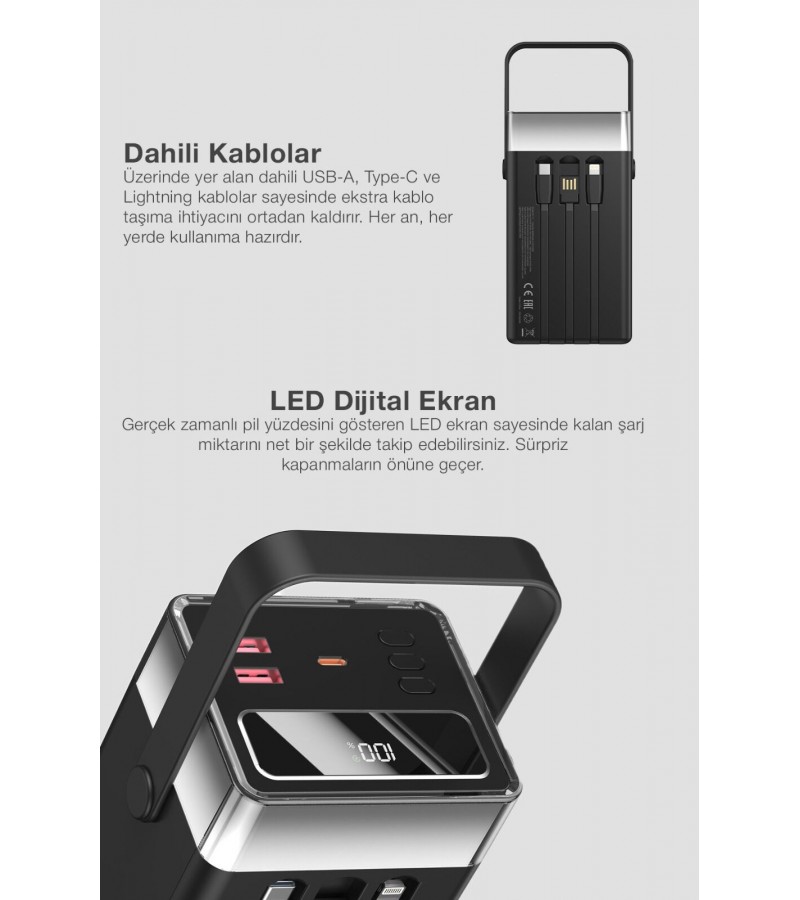 60.000 mAh Süper Kapasiteli LED Işıklı Powerbank – PD 30W / SCP 22.5W Hızlı Şarj, 3 Dahili Kablo, Dijital Ekran