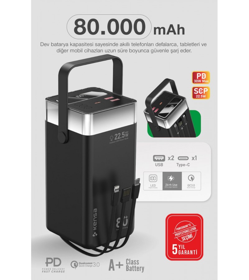 80.000 mAh Süper Kapasiteli LED Işıklı Powerbank – PD 30W / SCP 22.5W Hızlı Şarj, 3 Dahili Kablo, Dijital Ekran